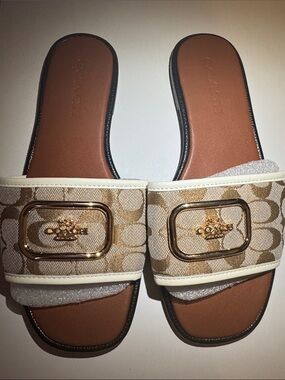 Coach Beige Signature Jacquard Slide Sandals with Gold Plaque